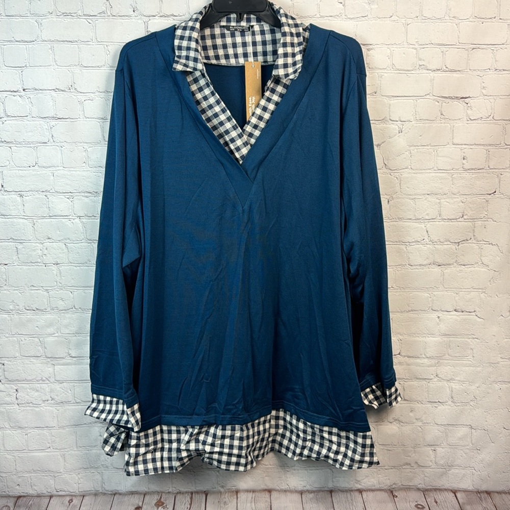 BloomChic Teal Blue And Check Pattern Layered Look Long Sleeve Top Plus 2X 6X - Picture 2 of 7